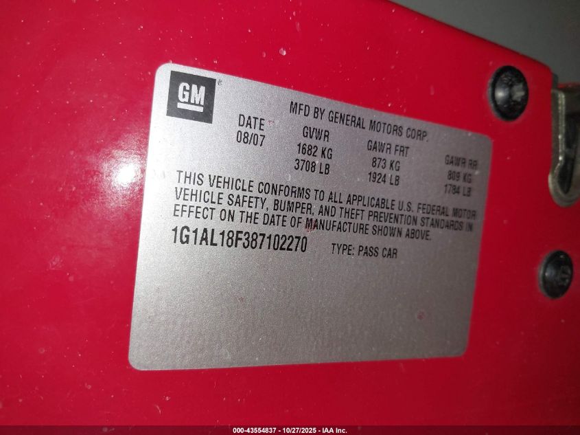 2008 Chevrolet Cobalt Lt VIN: 1G1AL18F387102270 Lot: 43554837