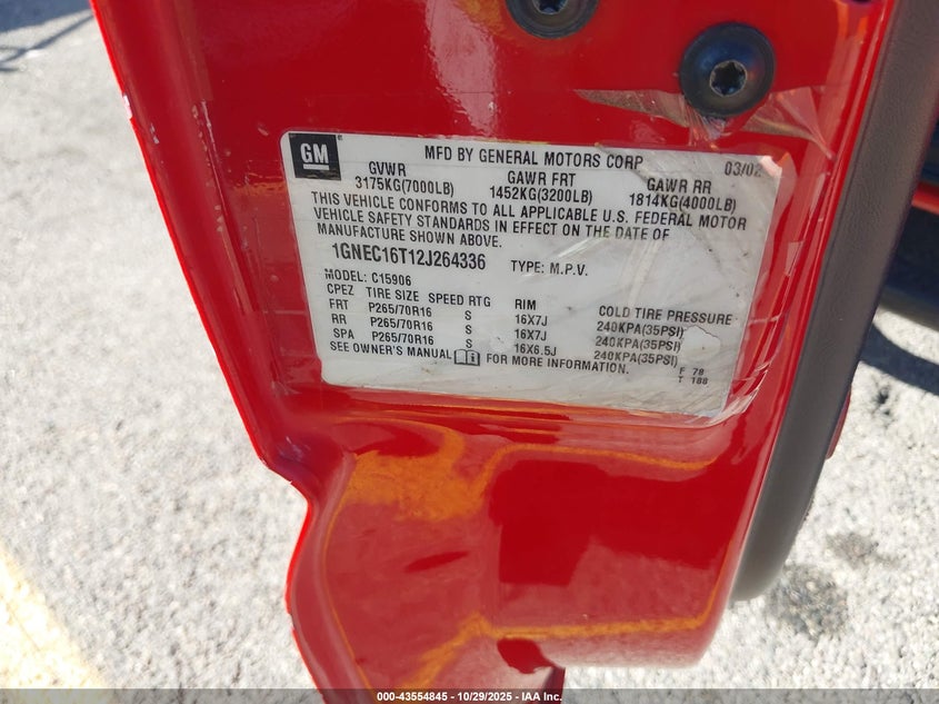 2002 Chevrolet Suburban 1500 Ls VIN: 1GNEC16T12J264336 Lot: 43554845