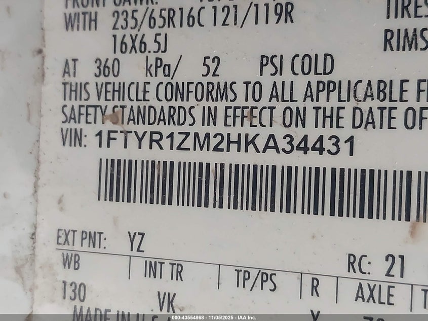 2017 Ford Transit-250 VIN: 1FTYR1ZM2HKA34431 Lot: 43554868