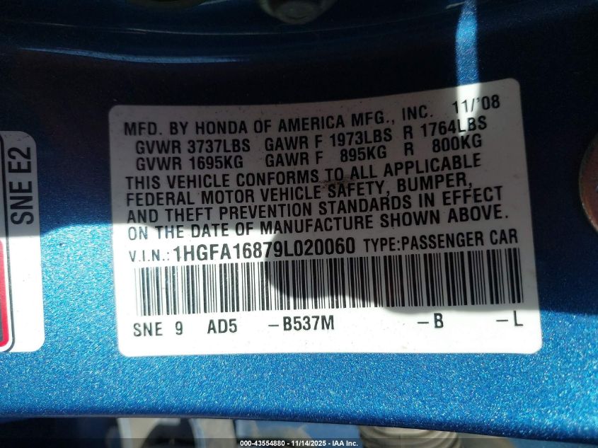 2009 Honda Civic Ex VIN: 1HGFA16879L020060 Lot: 43554880