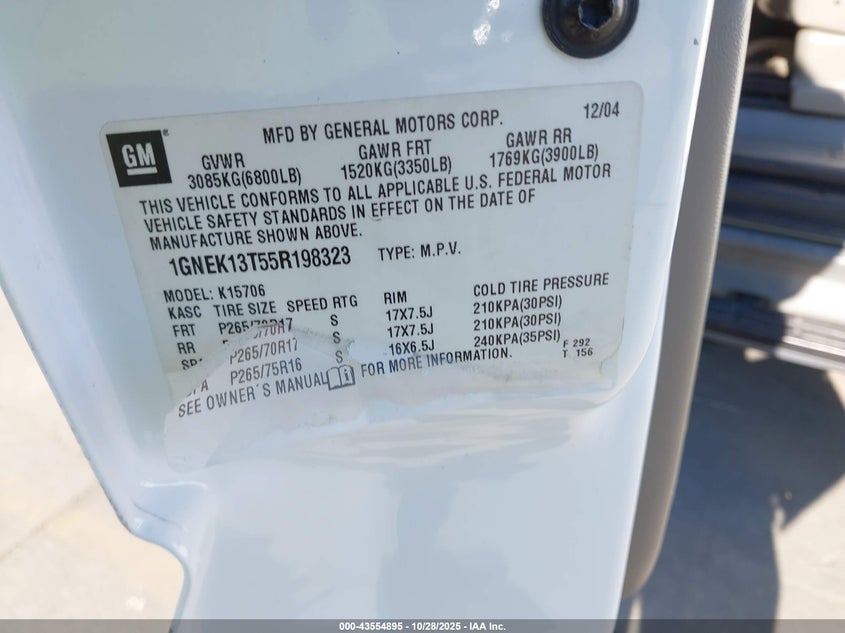 2005 Chevrolet Tahoe Z71 VIN: 1GNEK13T55R198323 Lot: 43554895