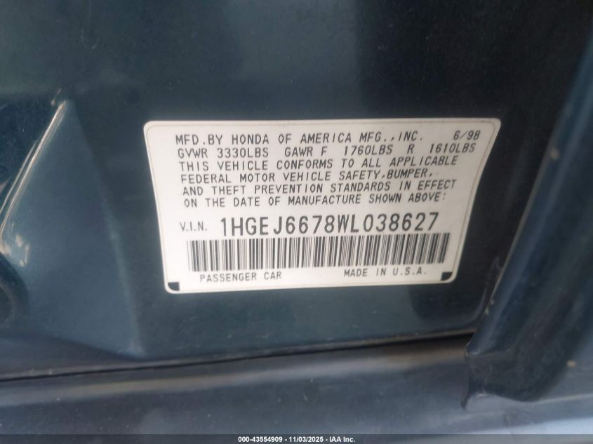 1998 Honda Civic Lx VIN: 1HGEJ6678WL038627 Lot: 43554909