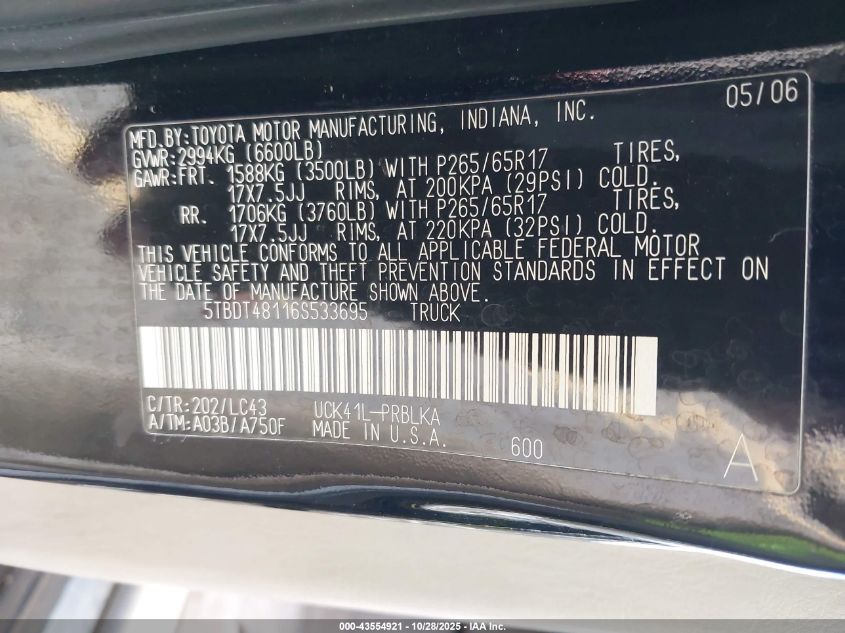 2006 Toyota Tundra Darrell Waltrip Edition/Limited V8 VIN: 5TBDT48116S533695 Lot: 43554921