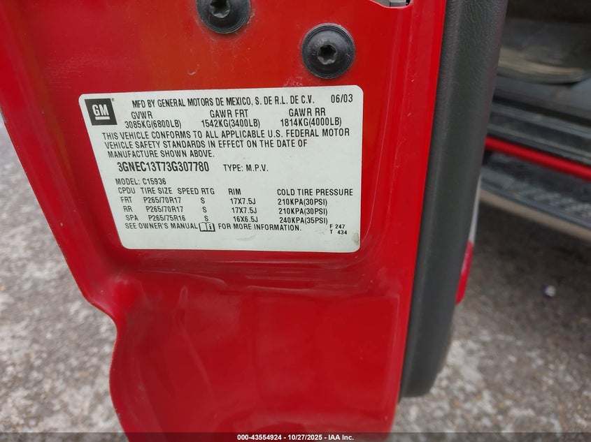 2003 Chevrolet Avalanche 1500 VIN: 3GNEC13T73G307780 Lot: 43554924