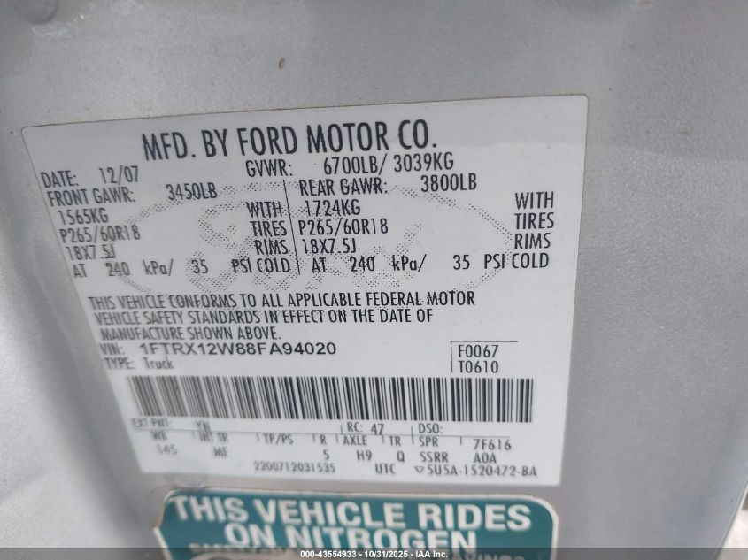 2008 Ford F-150 Xlt VIN: 1FTRX12W88FA94020 Lot: 43554933