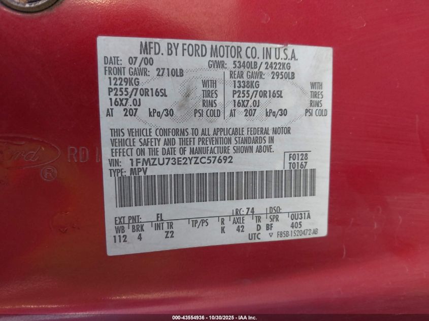 2000 Ford Explorer Xlt VIN: 1FMZU73E2YZC57692 Lot: 43554936