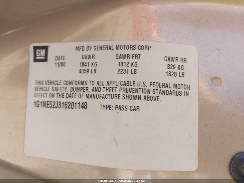 2001 Chevrolet Malibu Ls VIN: 1G1NE52J316201148 Lot: 43554971