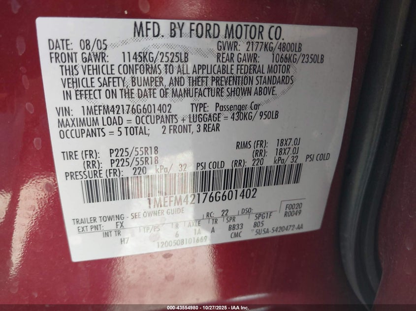 2006 Mercury Montego Premier VIN: 1MEFM42176G601402 Lot: 43554980