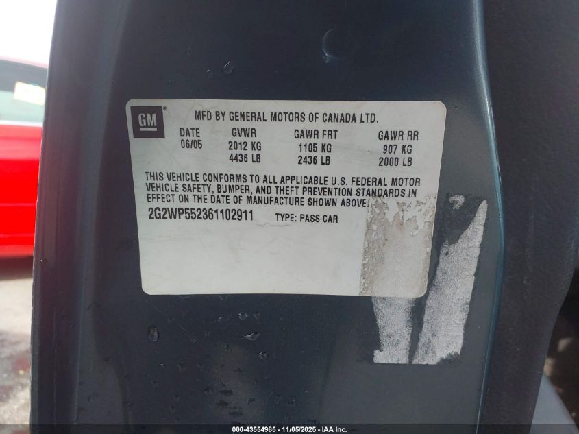 2006 Pontiac Grand Prix VIN: 2G2WP552361102911 Lot: 43554985