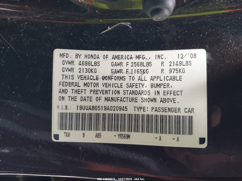 2009 Acura Tl 3.5 VIN: 19UUA86519A020945 Lot: 43555013