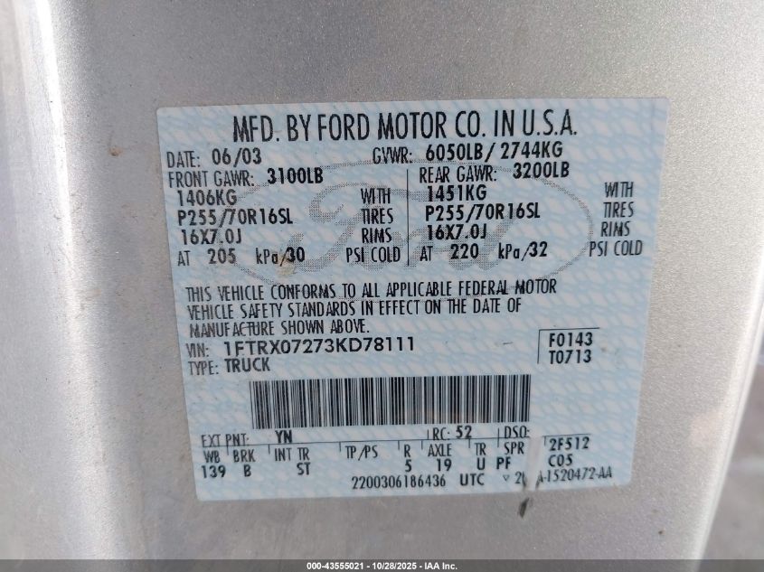 2003 Ford F-150 Xl/Xlt VIN: 1FTRX07273KD78111 Lot: 43555021