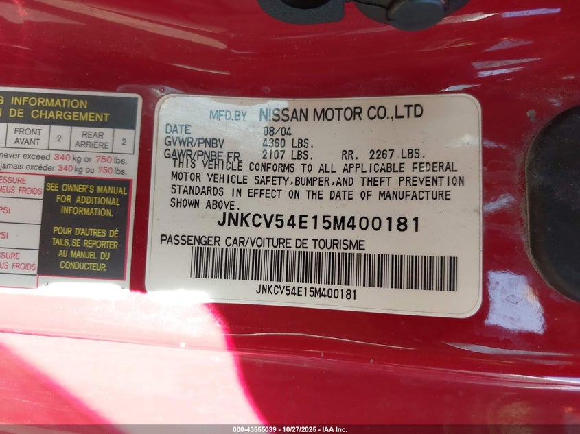 2005 Infiniti G35 VIN: JNKCV54E15M400181 Lot: 43555039