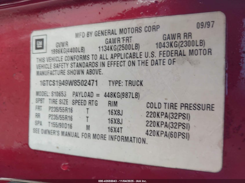 1998 GMC Sonoma Sls VIN: 1GTCS1949W8502471 Lot: 43555043
