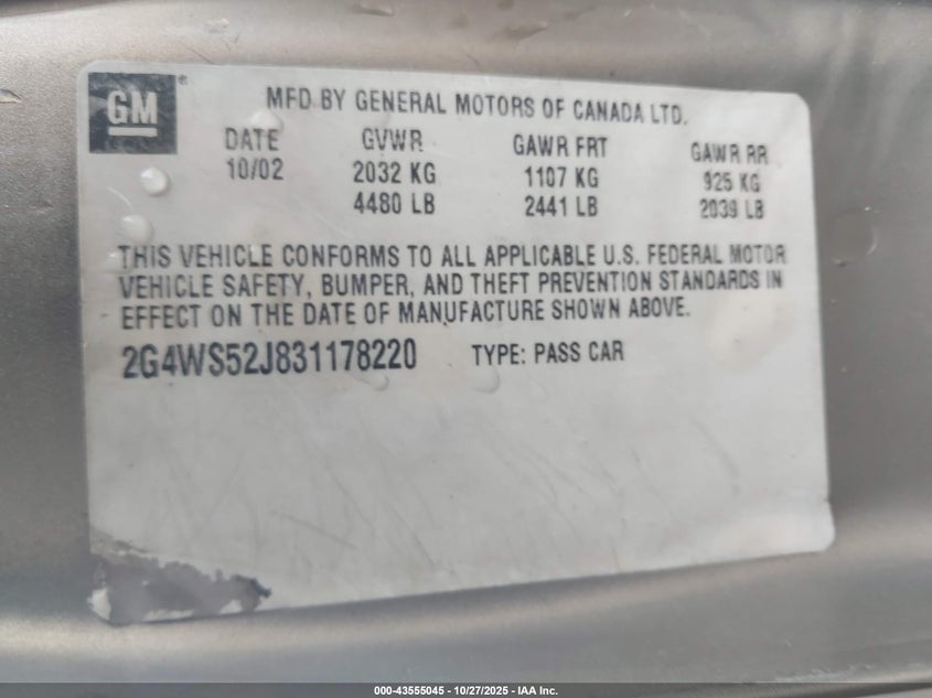 2003 Buick Century Custom VIN: 2G4WS52J831178220 Lot: 43555045