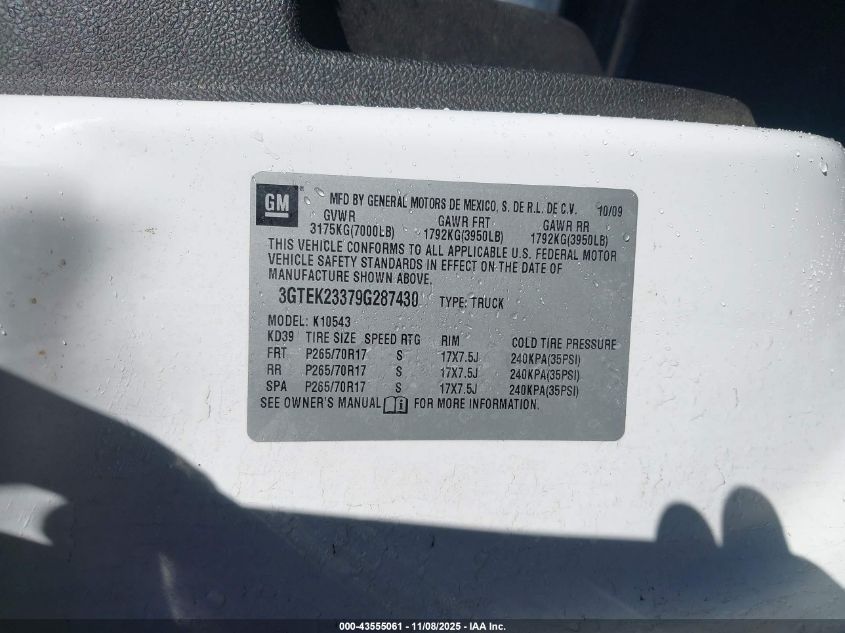 2009 GMC Sierra 1500 Sle VIN: 3GTEK23379G287430 Lot: 43555061
