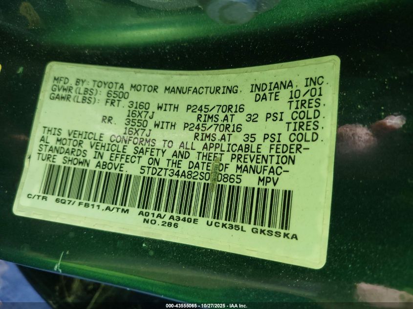 2002 Toyota Sequoia Sr5 V8 VIN: 5TDZT34A82S070865 Lot: 43555065