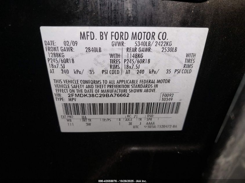 2009 Ford Edge Sel VIN: 2FMDK38C29BA76662 Lot: 43555076