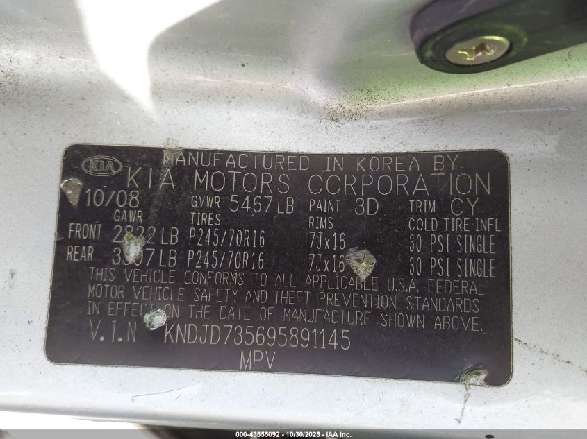 2009 Kia Sorento Lx Base VIN: KNDJD735695891145 Lot: 43555092