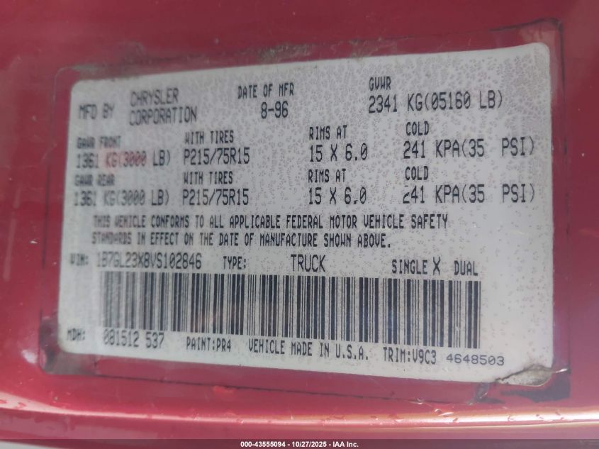 1997 Dodge Dakota Slt/Sport VIN: 1B7GL23X8VS102846 Lot: 43555094