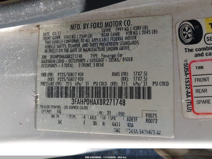 2011 Ford Fusion Se VIN: 3FAHP0HAXBR271748 Lot: 43555098