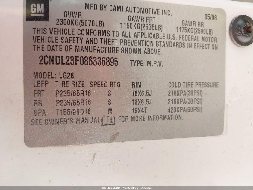 2008 Chevrolet Equinox Ls VIN: 2CNDL23F086336895 Lot: 43555101