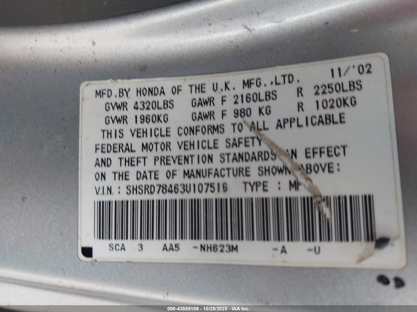 2003 Honda Cr-V Lx VIN: SHSRD78463U107516 Lot: 43555109