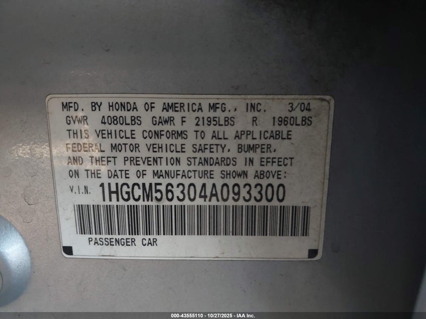 1HGCM56304A093300 2004 HONDA ACCORD photo no. 9