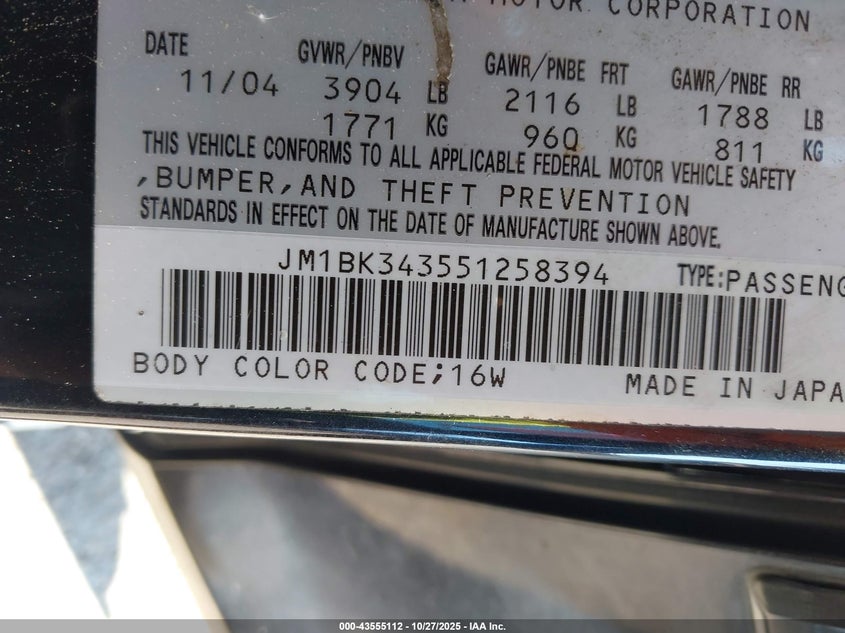 2005 Mazda Mazda3 S VIN: JM1BK343551258394 Lot: 43555112