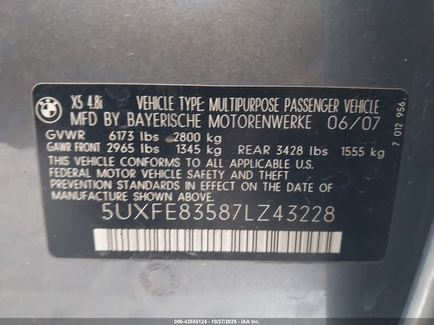 2007 BMW X5 4.8I VIN: 5UXFE83587LZ43228 Lot: 43555124