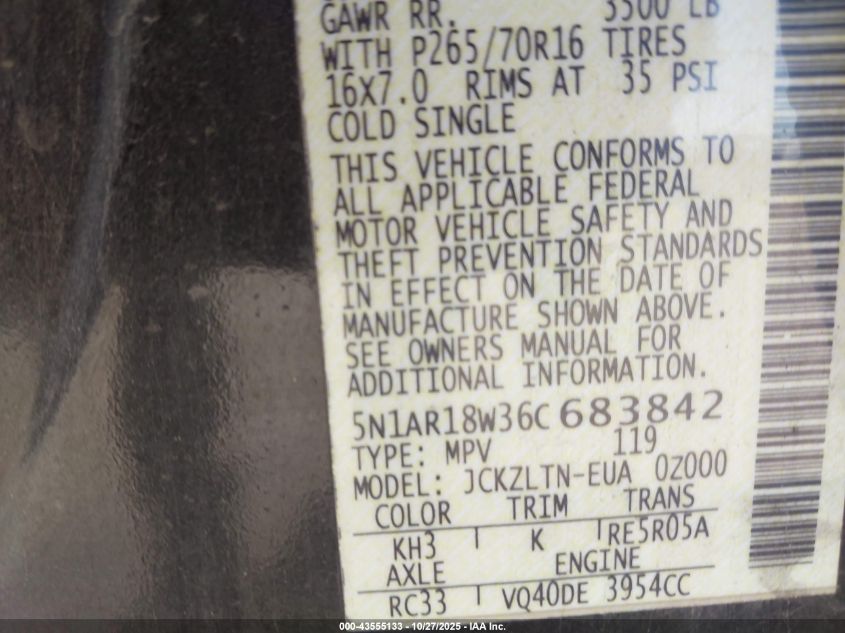 2006 Nissan Pathfinder Se VIN: 5N1AR18W36C683842 Lot: 43555133