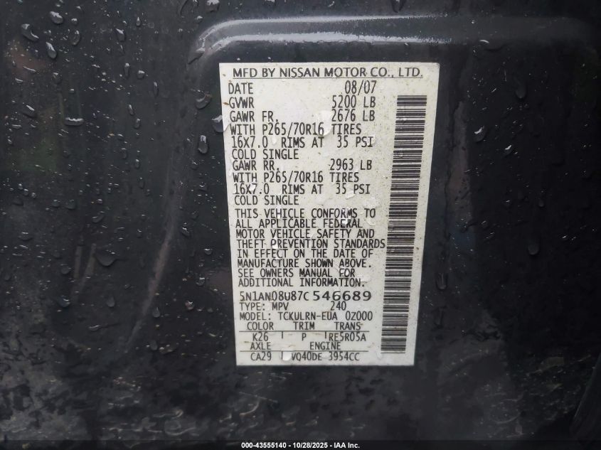 2007 Nissan Xterra S VIN: 5N1AN08U87C546689 Lot: 43555140
