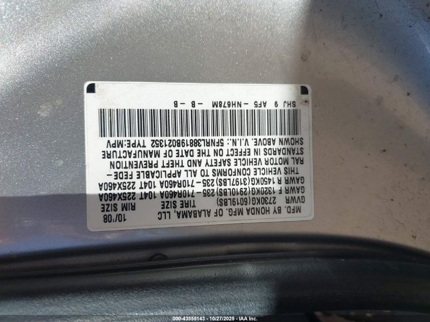 2009 Honda Odyssey Touring VIN: 5FNRL38819B021352 Lot: 43555143