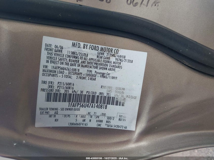 2007 Ford Taurus Sel VIN: 1FAFP56U47A140818 Lot: 43555156