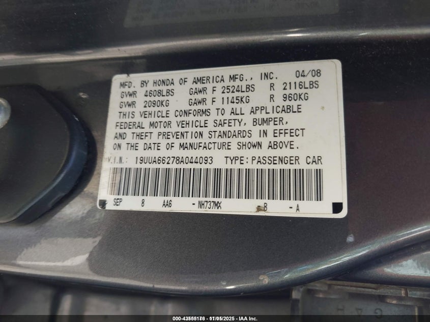 2008 Acura Tl 3.2 VIN: 19UUA66278A044093 Lot: 43555176