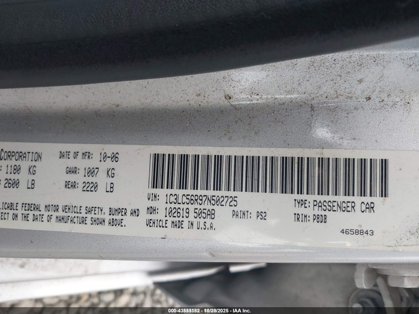 2007 Chrysler Sebring Touring VIN: 1C3LC56R97N502725 Lot: 43555182