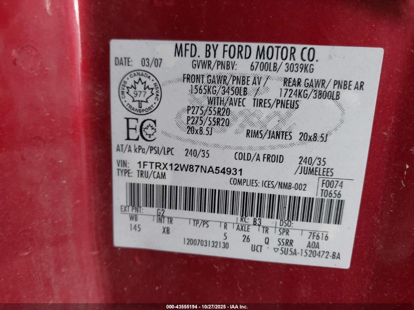 2007 Ford F-150 Fx2/Stx/Xl/Xlt VIN: 1FTRX12W87NA54931 Lot: 43555194