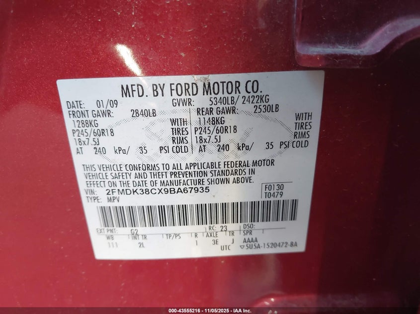 2009 Ford Edge Sel VIN: 2FMDK38CX9BA67935 Lot: 43555216