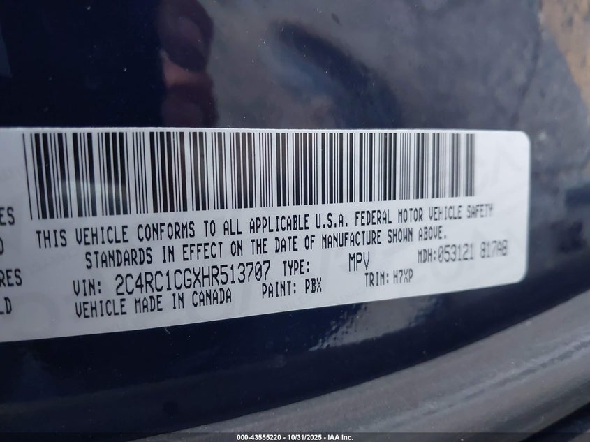 2017 Chrysler Pacifica Lx VIN: 2C4RC1CGXHR513707 Lot: 43555220