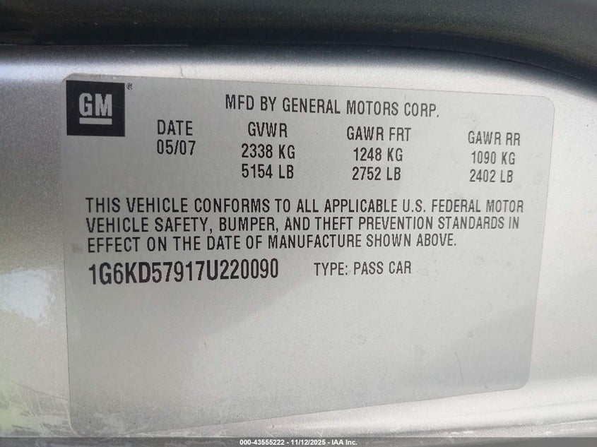 2007 Cadillac Dts Performance VIN: 1G6KD57917U220090 Lot: 43555222
