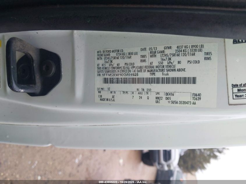 2013 Ford E-250 Commercial VIN: 1FTNE2EW1DDA91925 Lot: 43555223