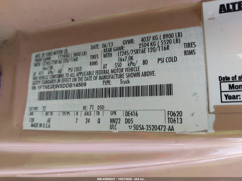 2013 FORD E-250 COMMERCIAL 1FTNE2EW5DDB14509