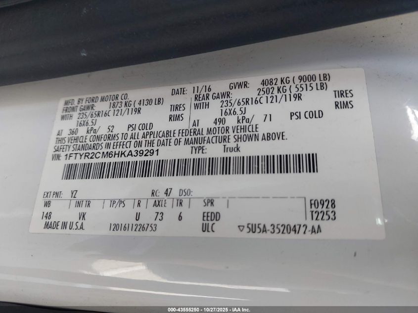 2017 Ford Transit-250 VIN: 1FTYR2CM6HKA39291 Lot: 43555250