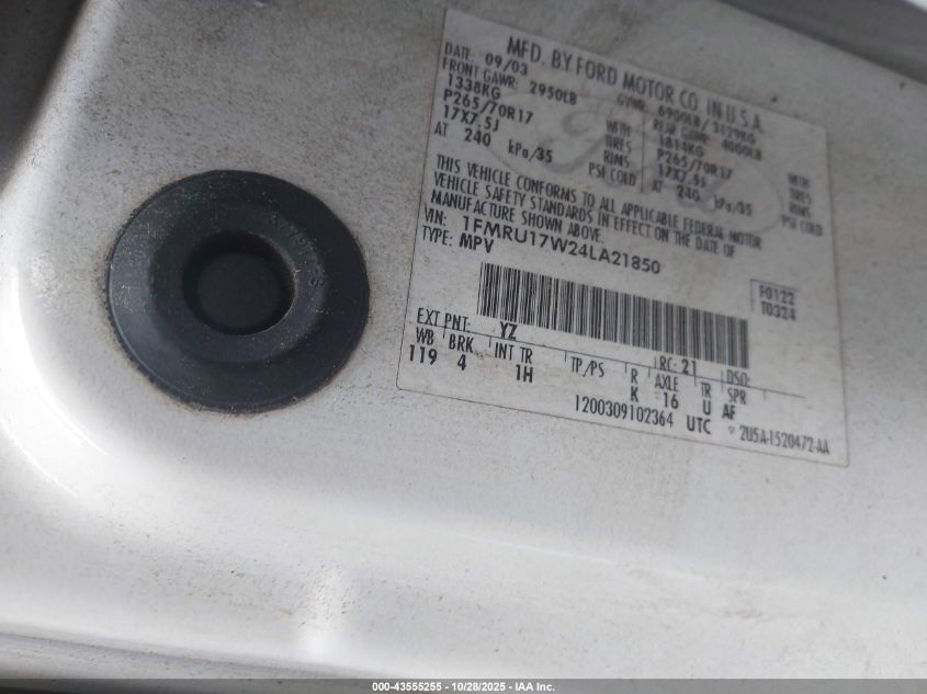 2004 Ford Expedition Eddie Bauer VIN: 1FMRU17W24LA21850 Lot: 43555255