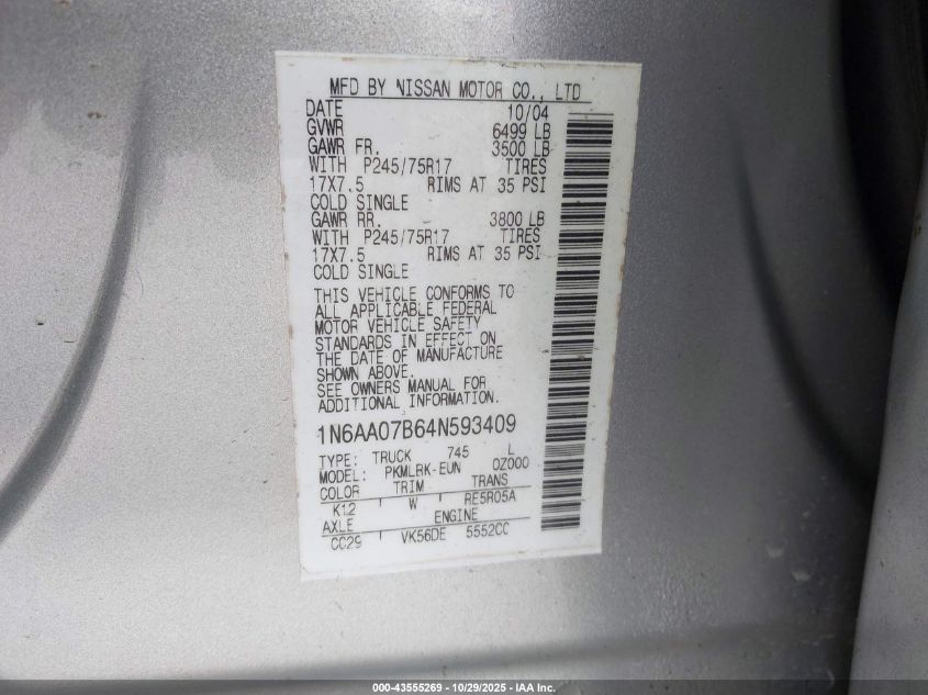 2004 Nissan Titan Xe VIN: 1N6AA07B64N593409 Lot: 43555269