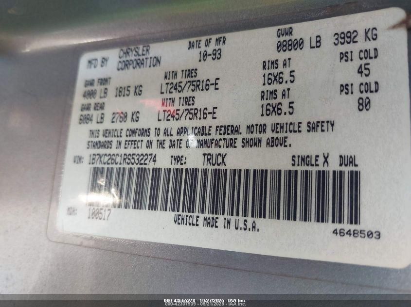 1994 Dodge Ram 2500 VIN: 1B7KC26C1RS532274 Lot: 43555278