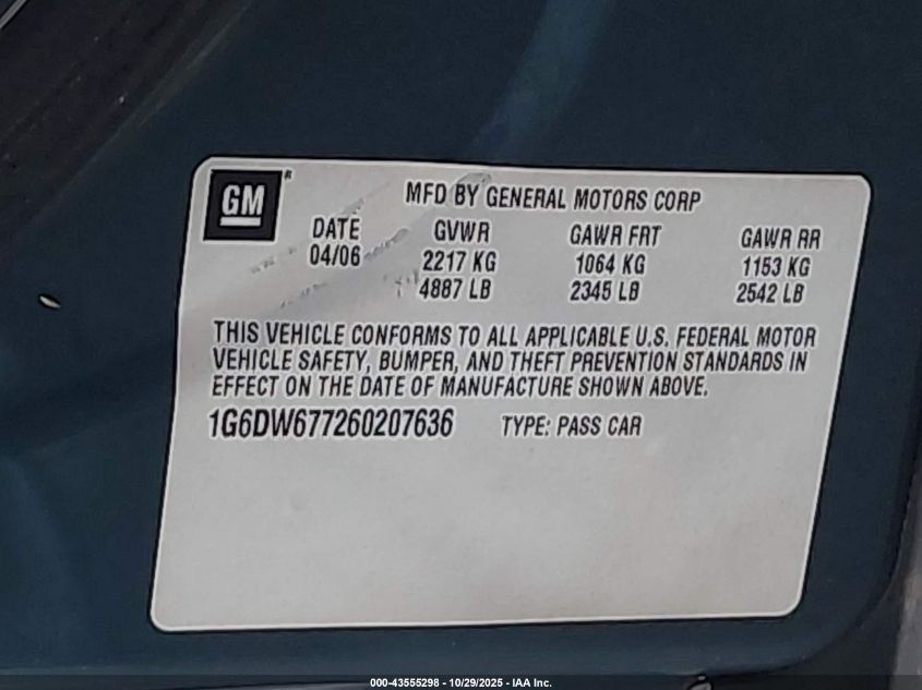 2006 Cadillac Sts V6 VIN: 1G6DW677260207636 Lot: 43555298