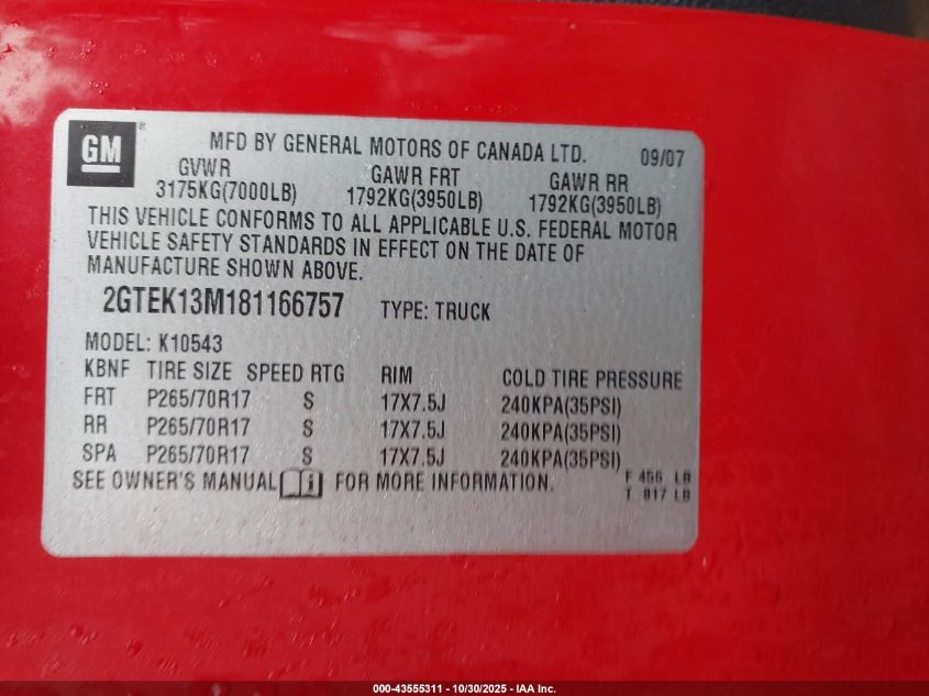 2008 GMC Sierra 1500 Slt VIN: 2GTEK13M181166757 Lot: 43555311