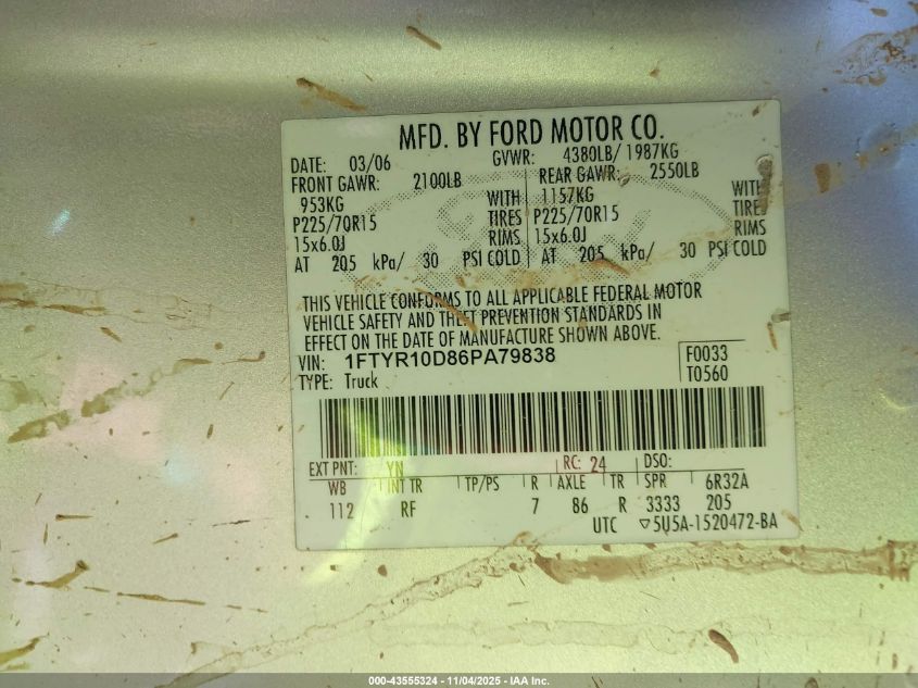 2006 Ford Ranger Xl/Xlt VIN: 1FTYR10D86PA79838 Lot: 43555324