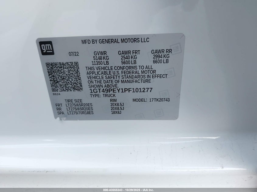 2023 GMC Sierra 2500Hd 4Wd Standard Bed At4 VIN: 1GT49PEY1PF101277 Lot: 43555343