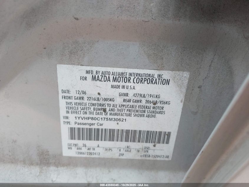 2007 Mazda Mazda6 I Sport Ve VIN: 1YVHP80C175M30621 Lot: 43555345